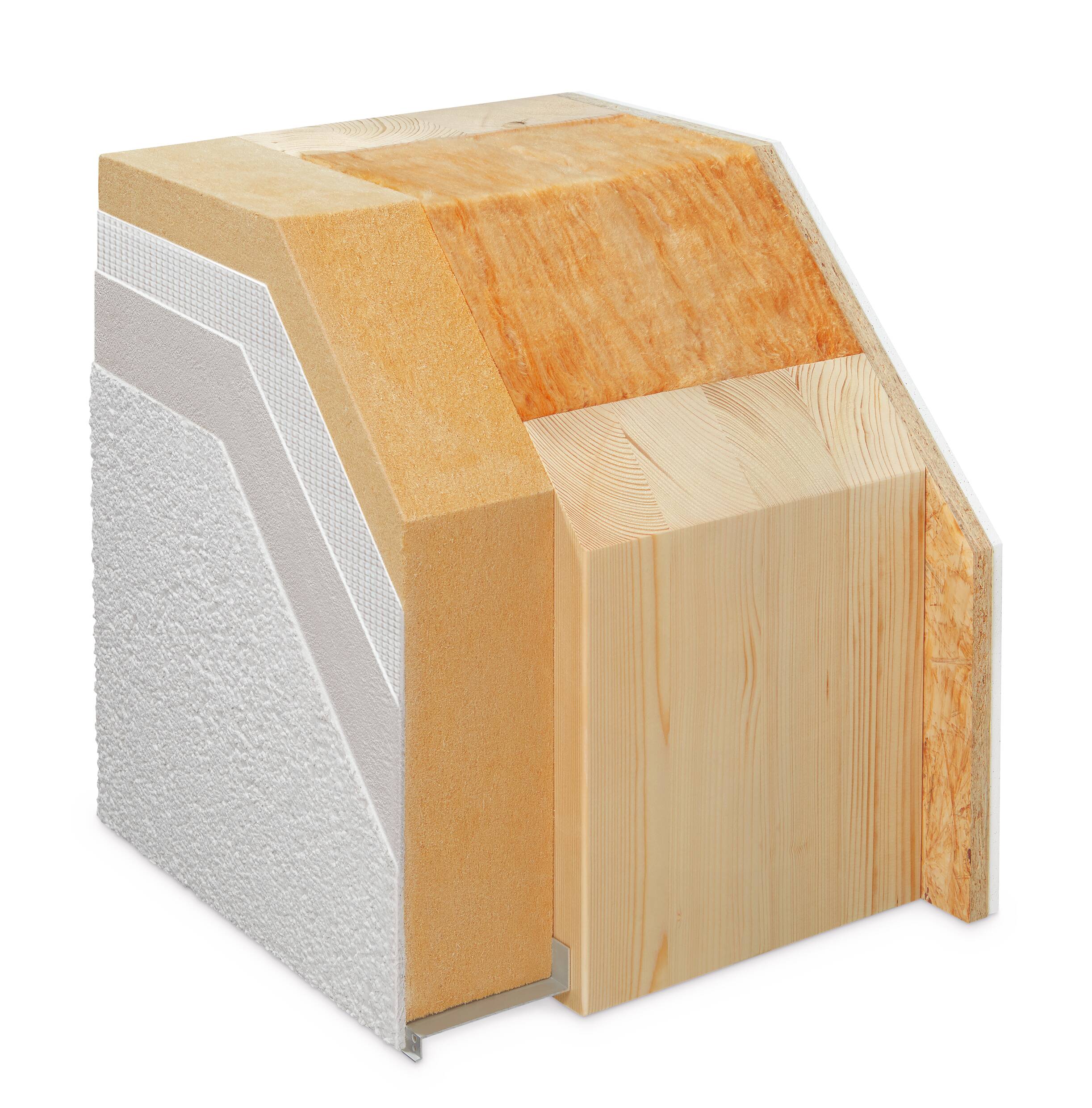 Das Bild zeigt einen Querschnitt der ÖvoNatur Therm Wand. Es sind die verschiedenen Materialien sichtbar wie Holz, Dämmung und Putz. Die Struktur verdeutlicht die unterschiedlichen Schichten und deren Oberflächen, die für Bau- und Isolationszwecke verwendet werden.