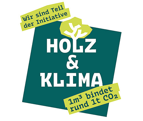 Grafik mit dem Text "HOLZ RETTET KLIMA". Darunter steht "1m³ bindet 1t CO₂". Die Farben sind grün und weiß. Die Botschaft betont, dass Holz eine wichtige Rolle im Klimaschutz spielt.